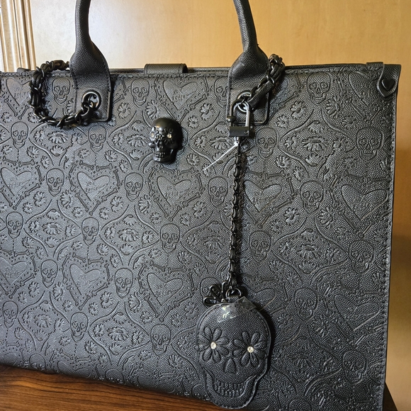Edgy Black Skull Embossed Tote Bag - Picture 1 of 4